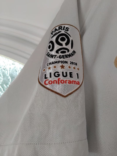 Maillot PSG extérieur 2018/19 Nike – Mbappé 7, patch Ligue 1 champion, seconde main TBE