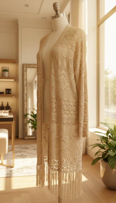 Long Gilet Beige Crocheté à Franges AMISU XL Oversize – Seconde Main TBE