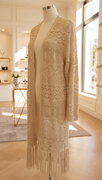 Long Gilet Beige Crocheté à Franges AMISU XL Oversize – Seconde Main TBE