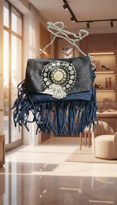 Sac à Main en Cuir Daim Noir à Franges – Fabrication Artisanale du Maroc Seconde Main TBE