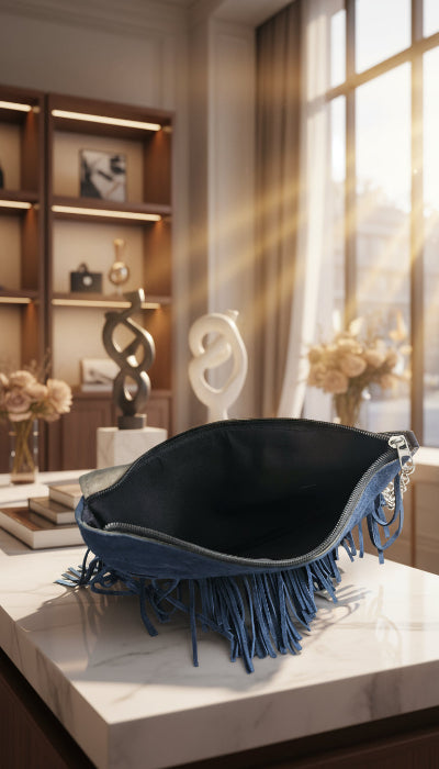 Sac à Main en Cuir Daim Noir à Franges – Fabrication Artisanale du Maroc Seconde Main TBE