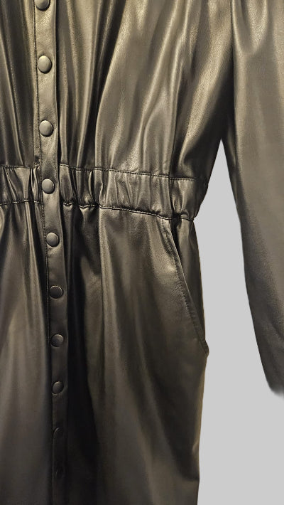 Veste mi-longue en Simili Cuir Noir Naf Naf T40 – Style Robe Chemise TBE