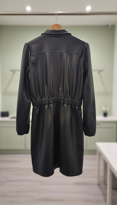 Veste mi-longue en Simili Cuir Noir Naf Naf T40 – Style Robe Chemise TBE