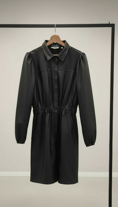 Veste mi-longue en Simili Cuir Noir Naf Naf T40 – Style Robe Chemise TBE